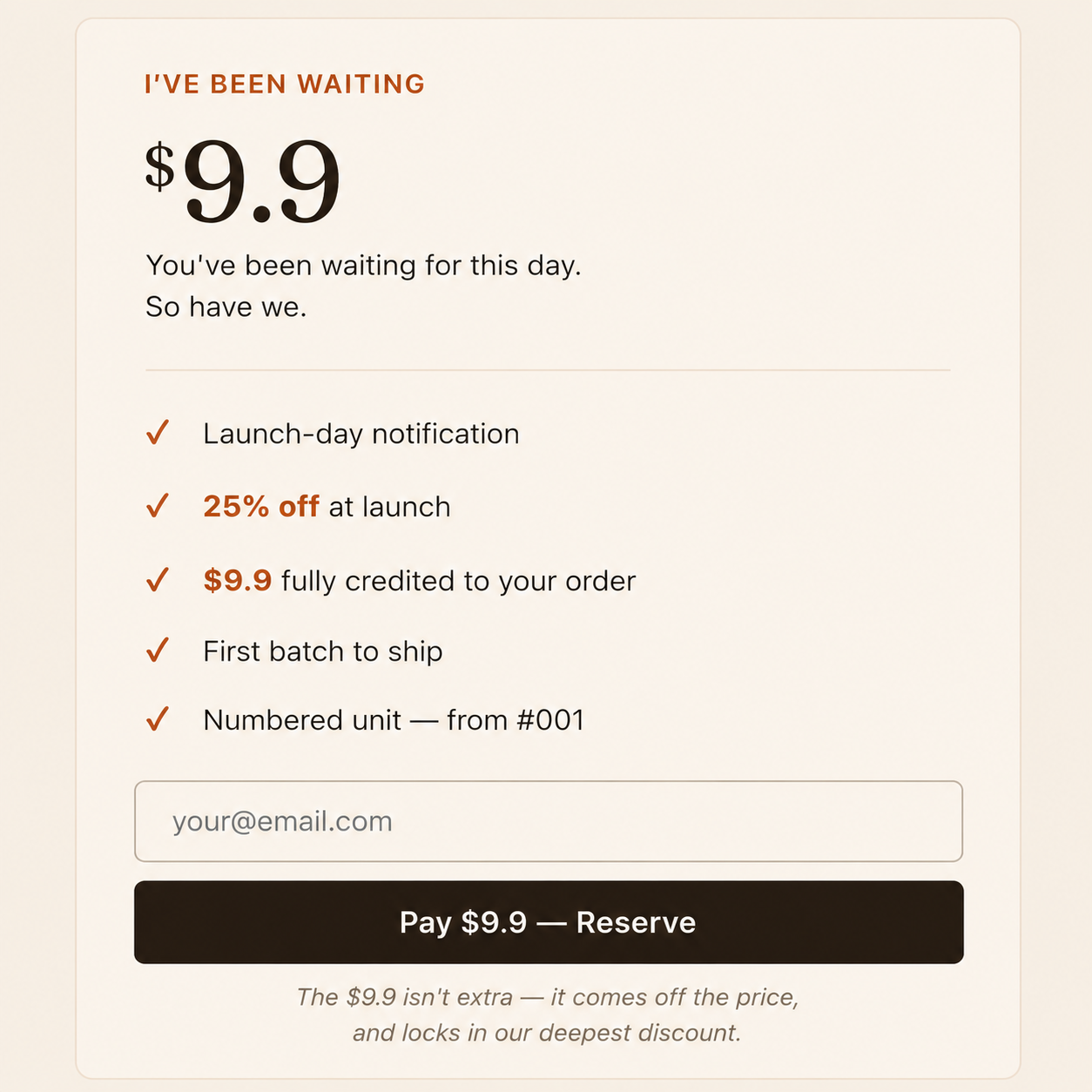 TimeOasis Reservation — I've Been Waiting ($9.90 deposit)