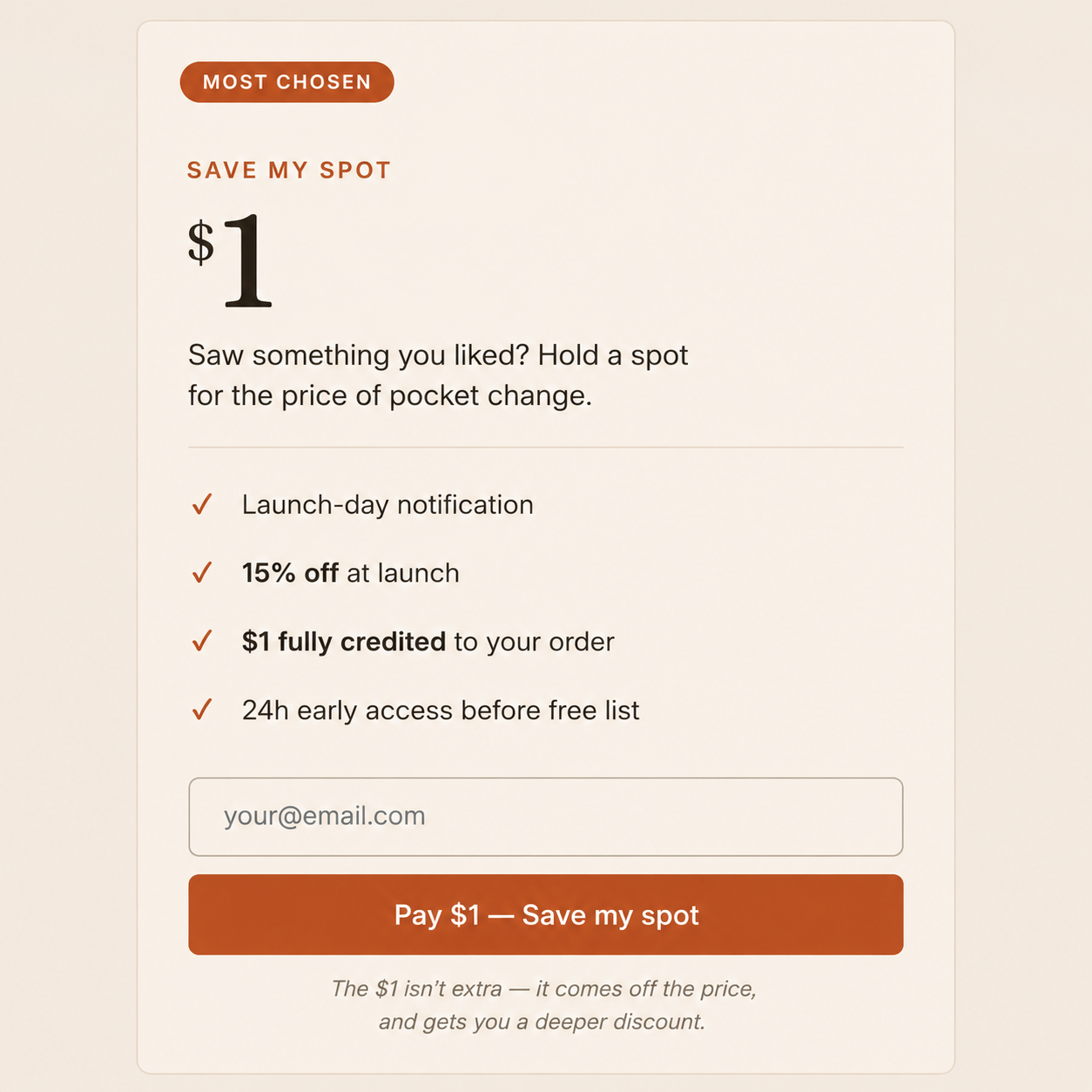 TimeOasis Reservation — Save My Spot ($1 deposit)